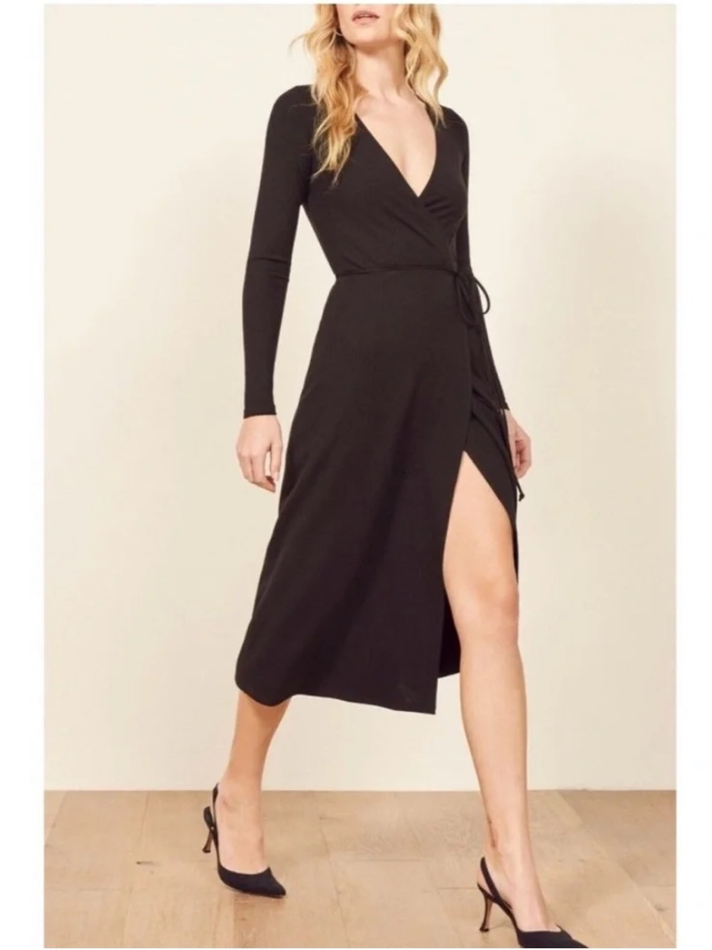 Reformation ‘Celine’ Black Rubbed Long-Sleeve Wrap Midi Dress with Side Slit, XS